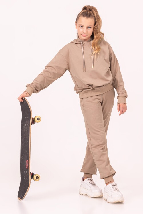 Kız Çocuk Bej Basic Kapüşonlu Takım 17188