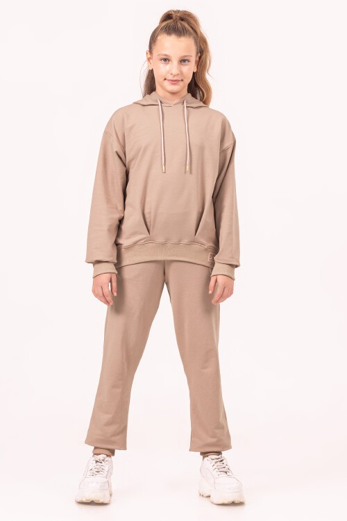 Kız Çocuk Bej Basic Kapüşonlu Takım 17188