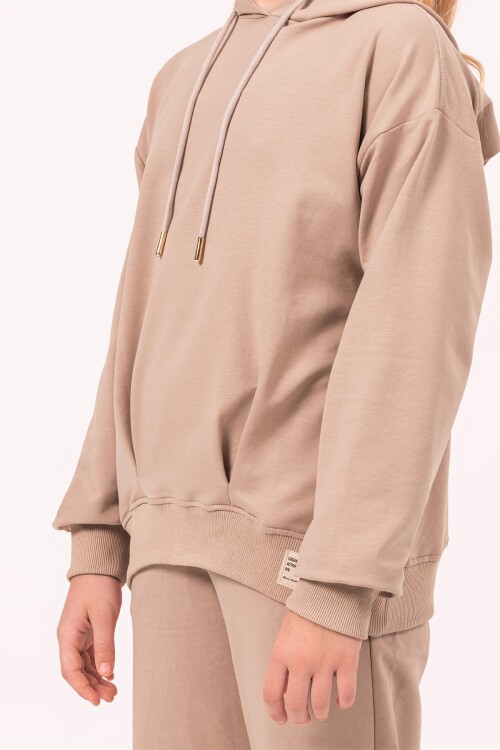 Kız Çocuk Bej Basic Kapüşonlu Takım 17188