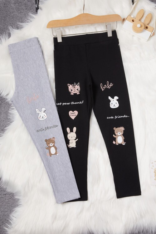 Kız Çocuk Cute Tavşan Baskı 2li Tayt Siyah-Gri 17021
