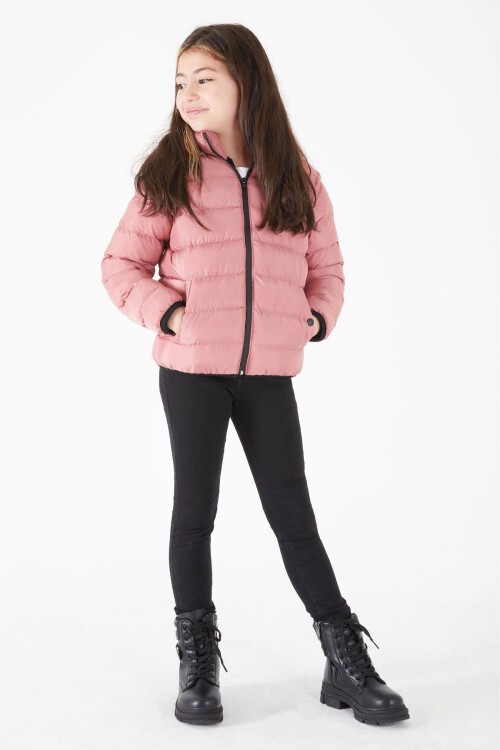 Kız Çocuk Düz Dikişli Pembe Şişme Mont 15638