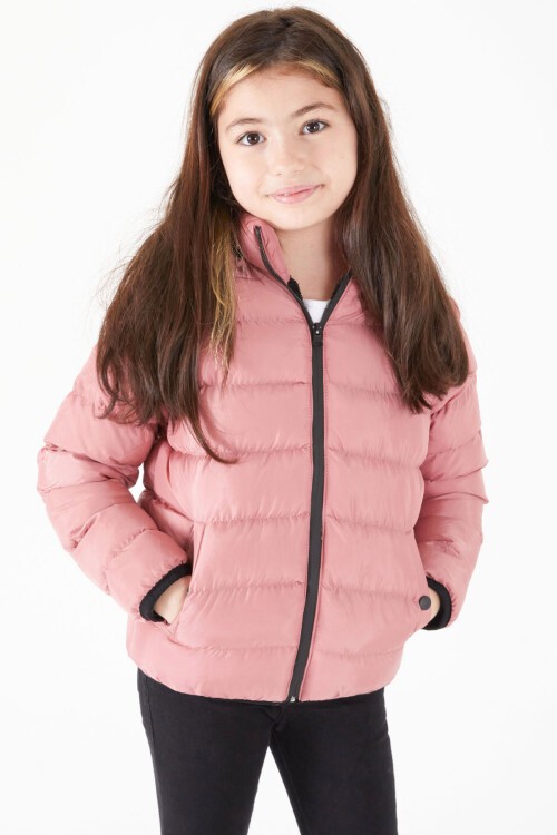 Kız Çocuk Düz Dikişli Pembe Şişme Mont 15638