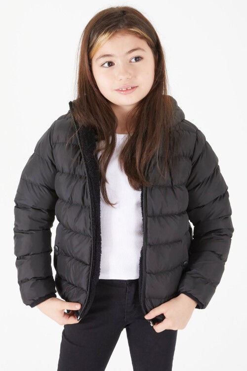 Kız Çocuk Düz Dikişli Siyah Şişme Mont 16524