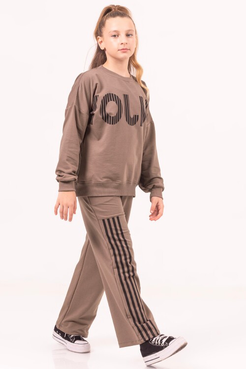 Kız Çocuk Kahverengi Şerit Baskılı Takım 17187
