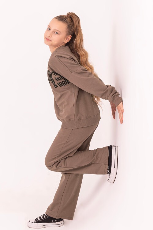 Kız Çocuk Kahverengi Şerit Baskılı Takım 17187