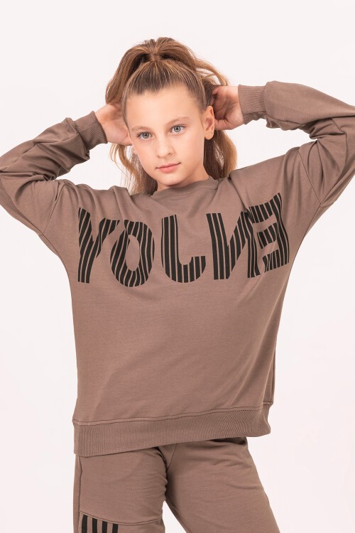 Kız Çocuk Kahverengi Şerit Baskılı Takım 17187