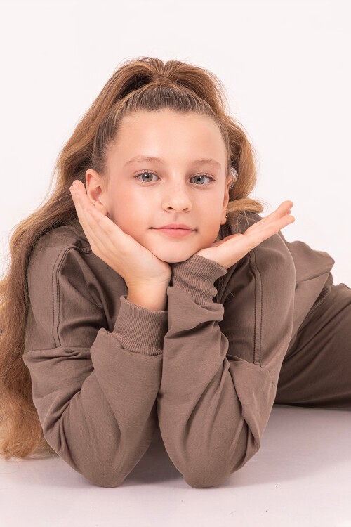 Kız Çocuk Kahverengi Şerit Baskılı Takım 17187