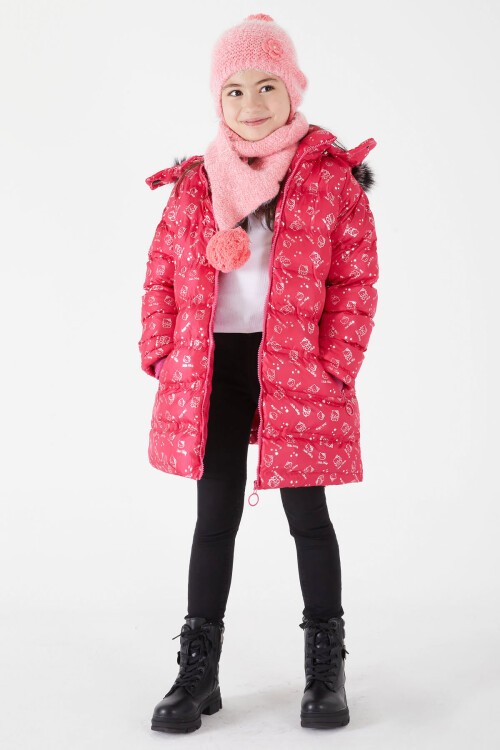 Kız Çocuk Karakter Baskılı Şişme Mont Fuşya 15498