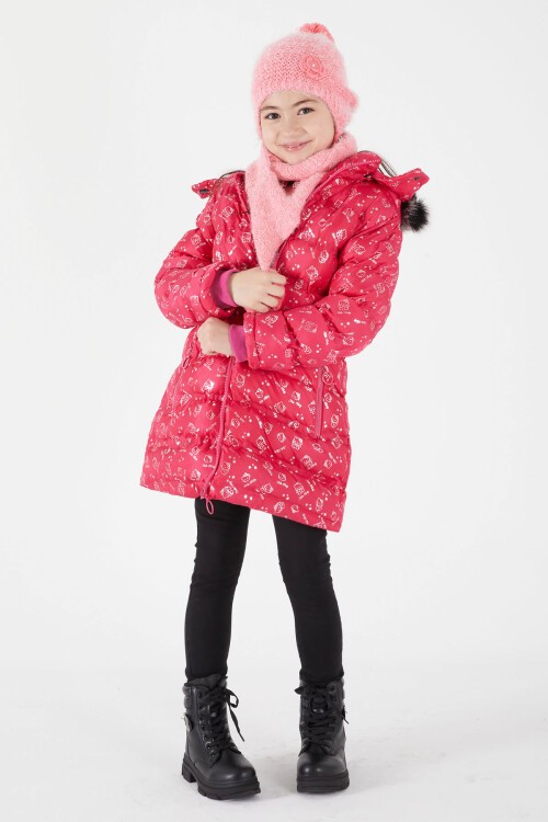 Kız Çocuk Karakter Baskılı Şişme Mont Fuşya 15498