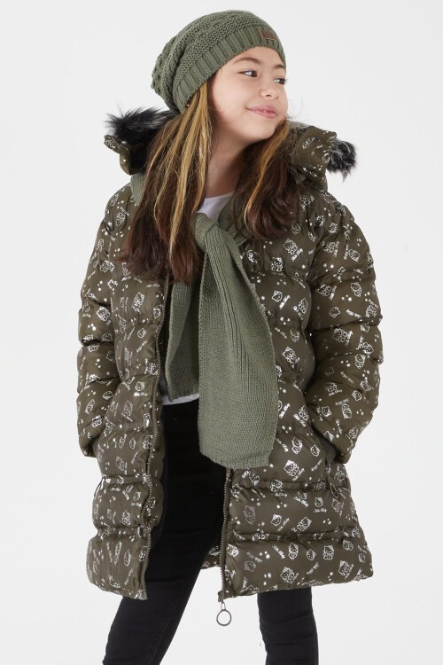 Kız Çocuk Karakter Baskılı Şişme Mont Haki 15548