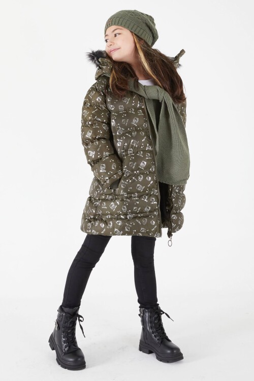 Kız Çocuk Karakter Baskılı Şişme Mont Haki 15548