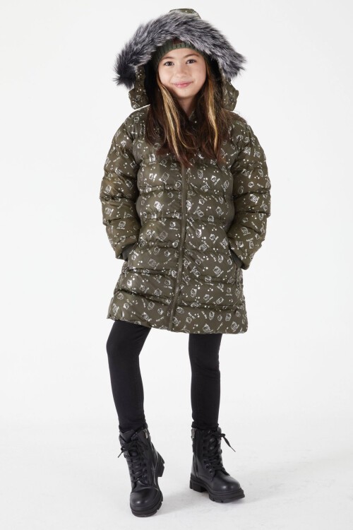 Kız Çocuk Karakter Baskılı Şişme Mont Haki 15548