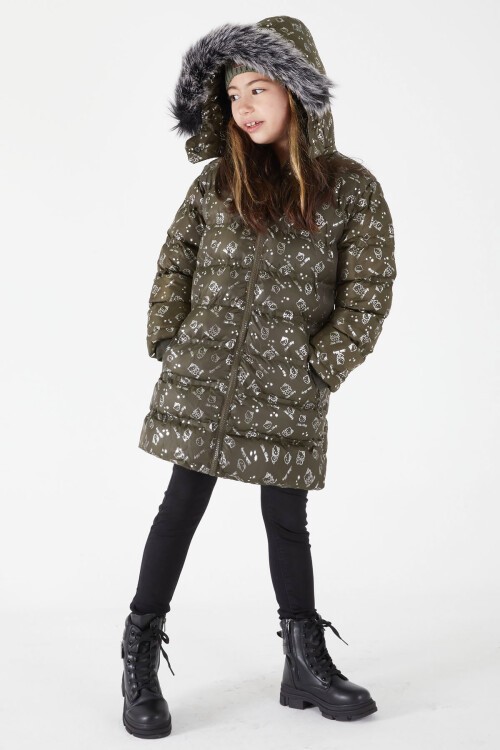 Kız Çocuk Karakter Baskılı Şişme Mont Haki 15548