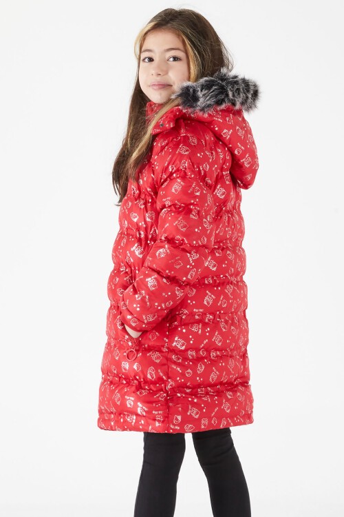 Kız Çocuk Karakter Baskılı Şişme Mont Kırmızı 15549
