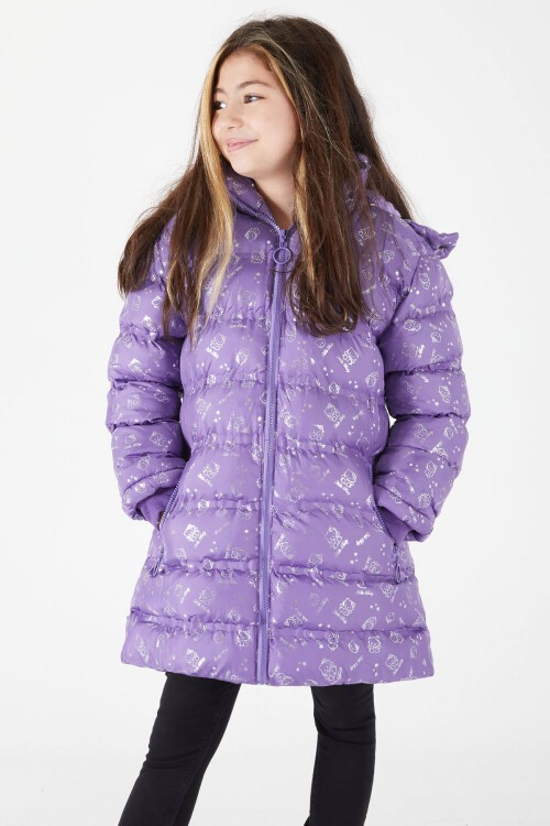 Kız Çocuk Karakter Baskılı Şişme Mont Lila 15550