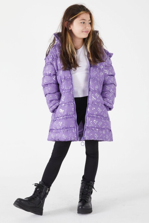 Kız Çocuk Karakter Baskılı Şişme Mont Lila 15550