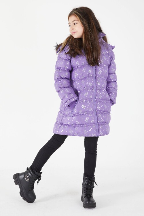Kız Çocuk Karakter Baskılı Şişme Mont Lila 15550