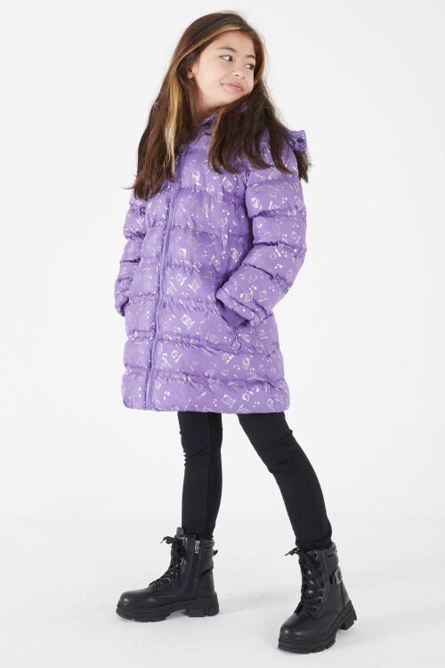 Kız Çocuk Karakter Baskılı Şişme Mont Lila 15550