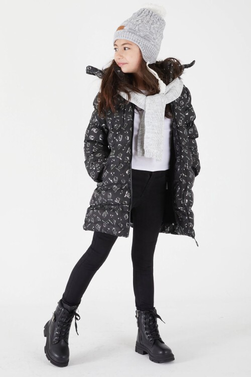 Kız Çocuk Karakter Baskılı Şişme Mont Siyah 15496