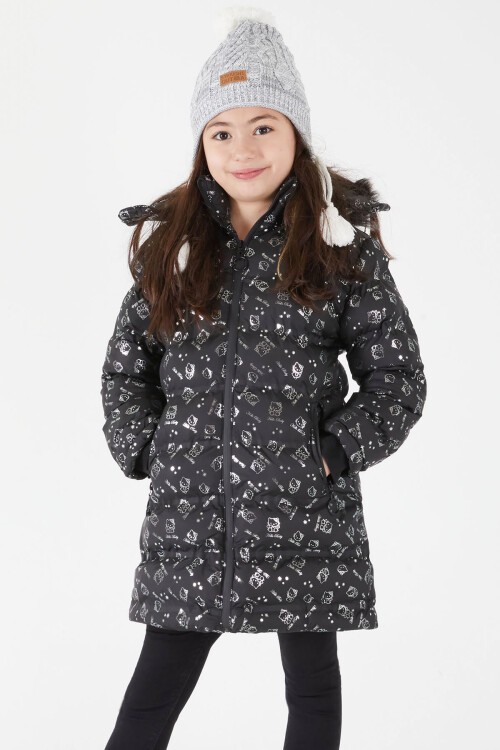 Kız Çocuk Karakter Baskılı Şişme Mont Siyah 15496
