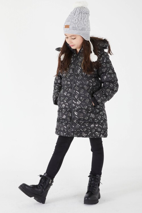 Kız Çocuk Karakter Baskılı Şişme Mont Siyah 15496