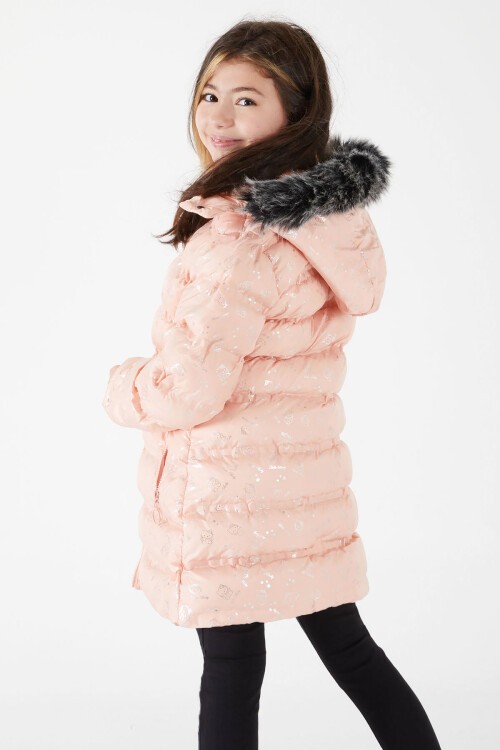 Kız Çocuk Karakter Baskılı Şişme Mont Somon 15551