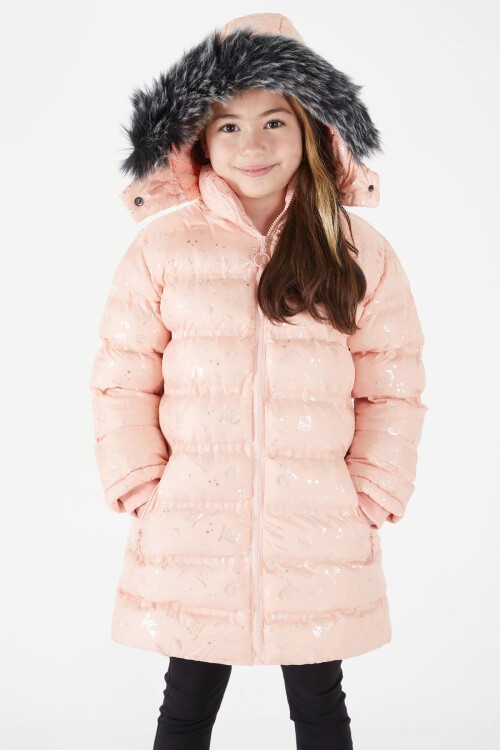 Kız Çocuk Karakter Baskılı Şişme Mont Somon 15551