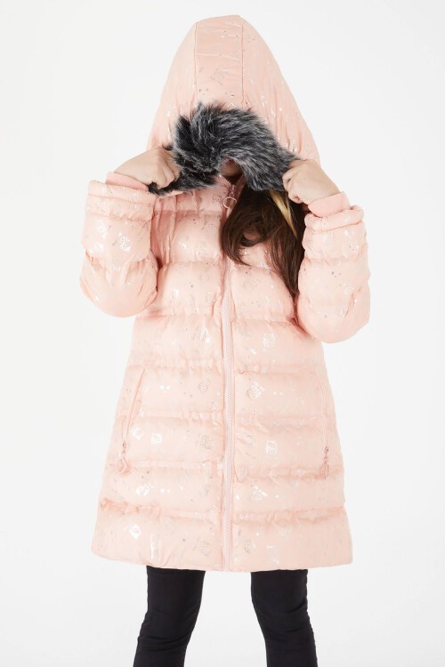 Kız Çocuk Karakter Baskılı Şişme Mont Somon 15551