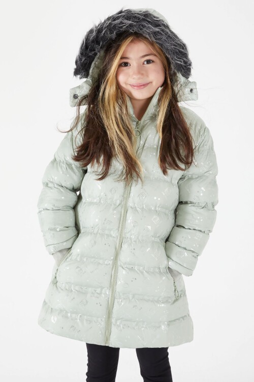 Kız Çocuk Karakter Baskılı Şişme Mont Yeşil 15497
