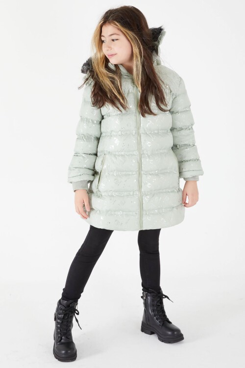 Kız Çocuk Karakter Baskılı Şişme Mont Yeşil 15497