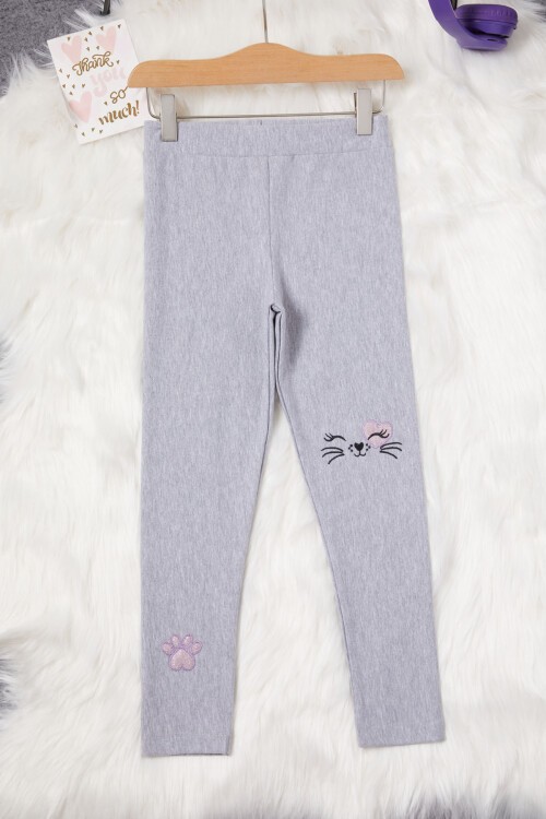 Kız Çocuk Kedi Nakışlı Patili 2li Tayt Siyah-Gri 17033