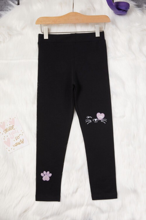 Kız Çocuk Kedi Nakışlı Patili 2li Tayt Siyah-Gri 17033