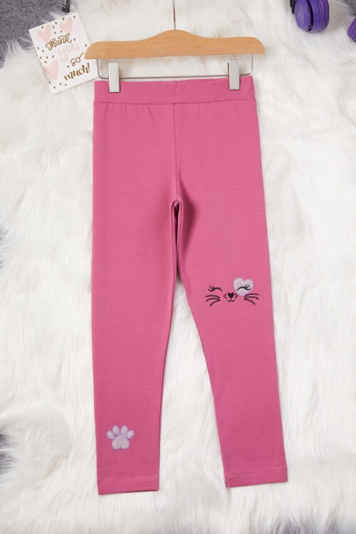 Kız Çocuk Kedi Nakışlı Patili 2li Tayt Siyah-Koyu Pembe 17035