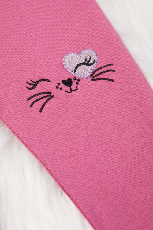 Kız Çocuk Kedi Nakışlı Patili 2li Tayt Siyah-Koyu Pembe 17035