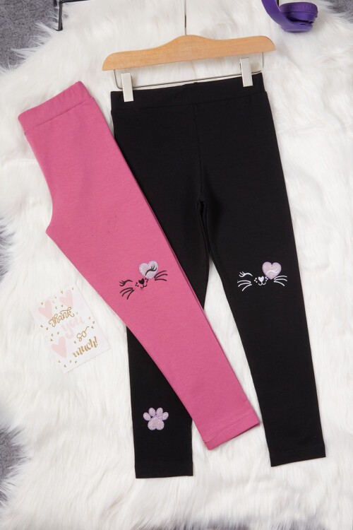 Kız Çocuk Kedi Nakışlı Patili 2li Tayt Siyah-Koyu Pembe 17035