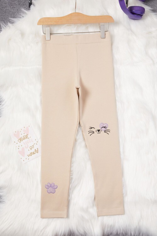 Kız Çocuk Kedi Nakışlı Patili 2li Tayt Siyah-Krem 17032