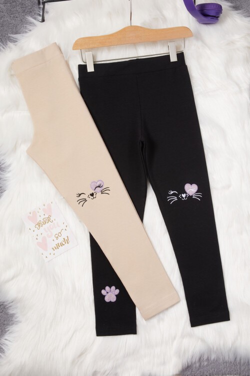 Kız Çocuk Kedi Nakışlı Patili 2li Tayt Siyah-Krem 17032