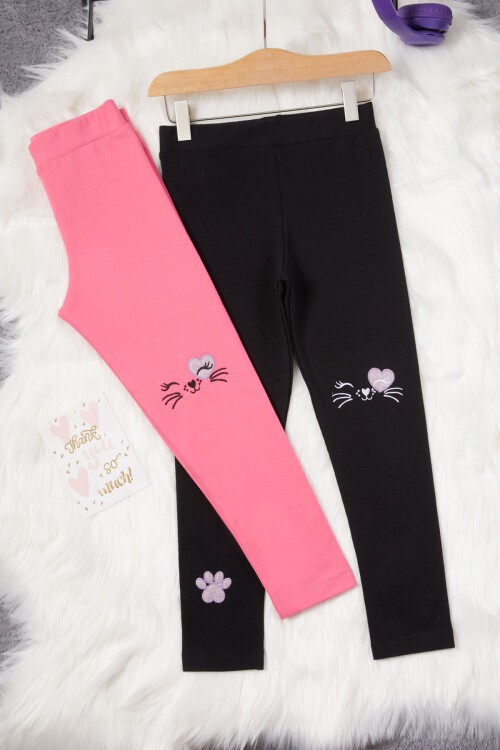 Kız Çocuk Kedi Nakışlı Patili 2li Tayt Siyah-Pembe 17031