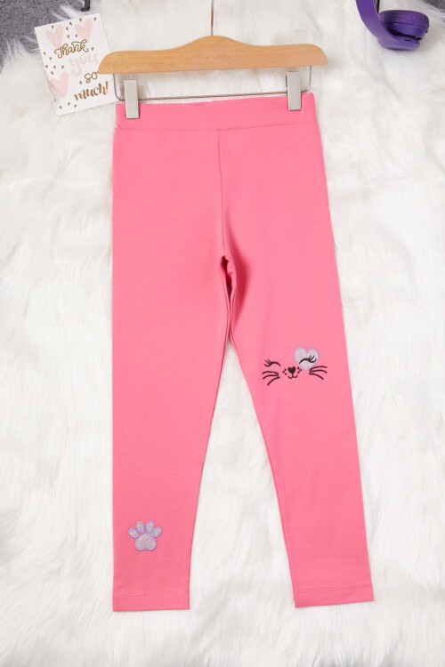 Kız Çocuk Kedi Nakışlı Patili 2li Tayt Siyah-Pembe 17031