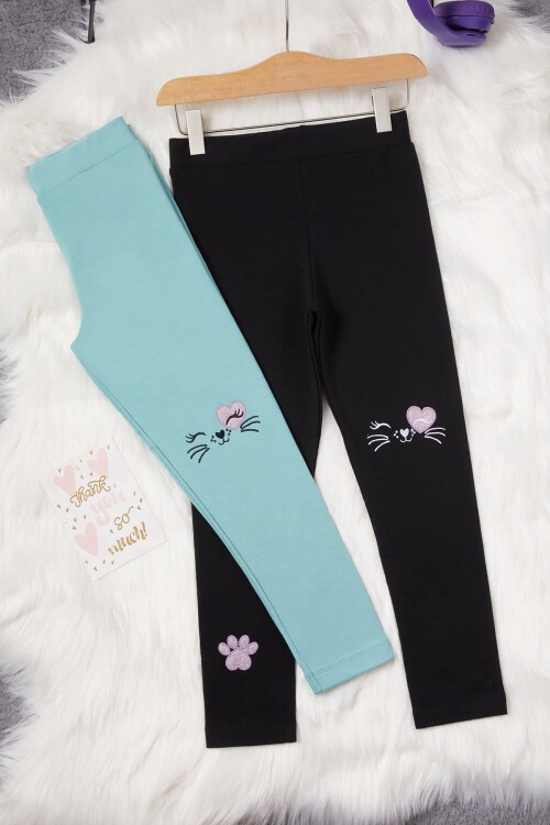 Kız Çocuk Kedi Nakışlı Patili 2li Tayt Siyah-Yeşil 17034