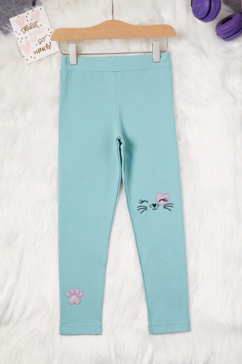 Kız Çocuk Kedi Nakışlı Patili 2li Tayt Siyah-Yeşil 17034