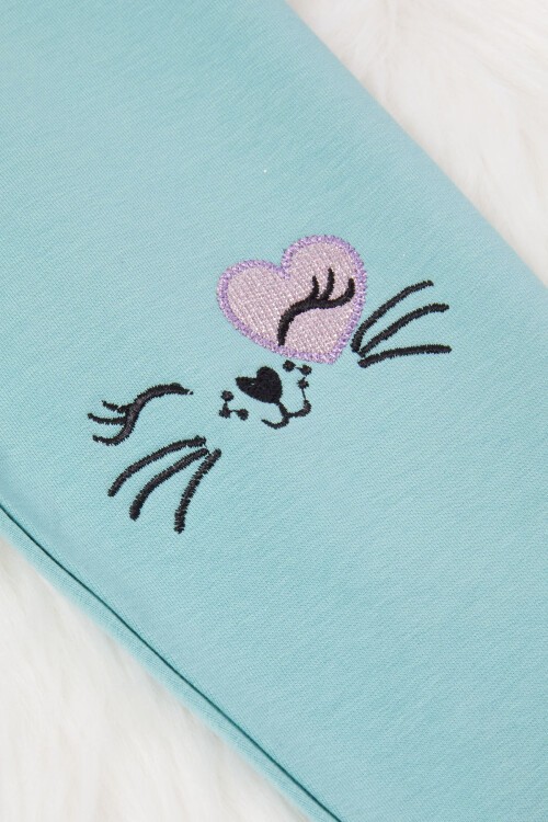 Kız Çocuk Kedi Nakışlı Patili 2li Tayt Siyah-Yeşil 17034