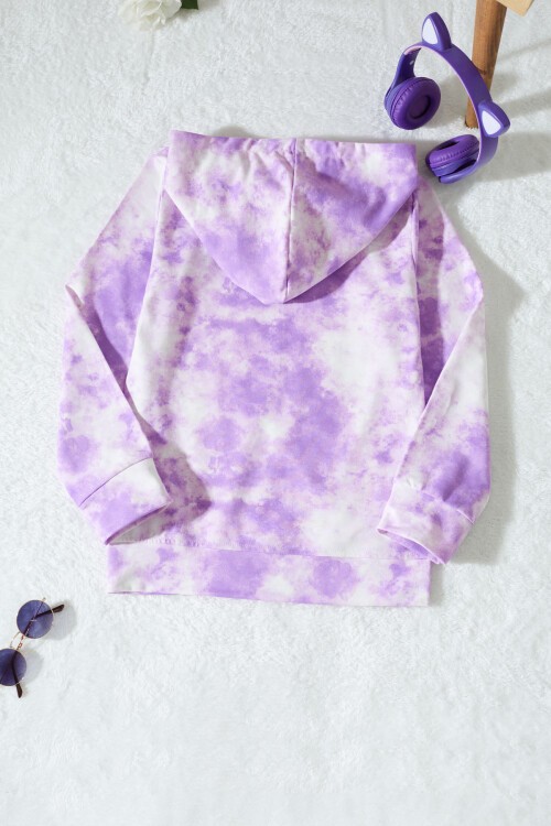 Kız Çocuk Lila Batik Desenli Kapüşonlu Sweatshirt 17340