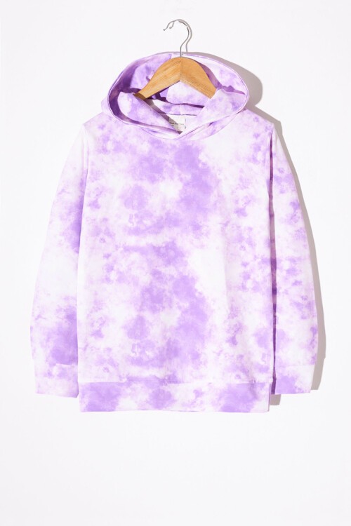 Kız Çocuk Lila Batik Desenli Kapüşonlu Sweatshirt 17340