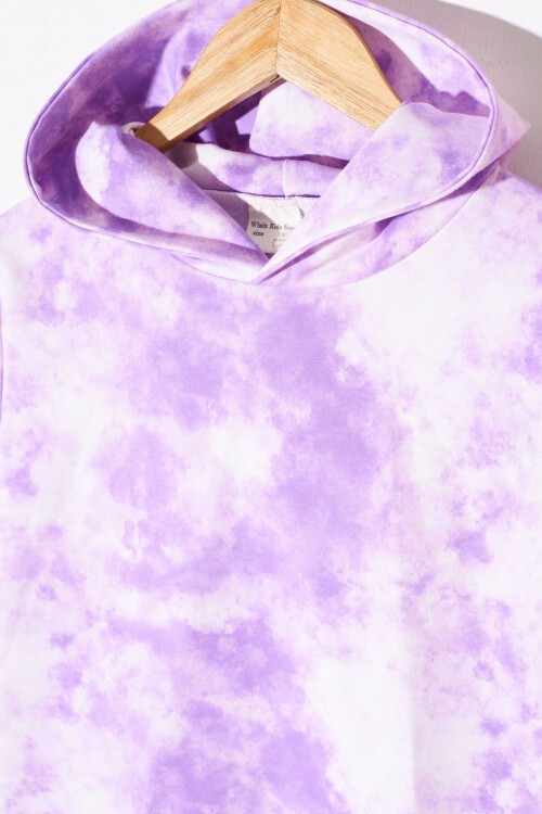 Kız Çocuk Lila Batik Desenli Kapüşonlu Sweatshirt 17340