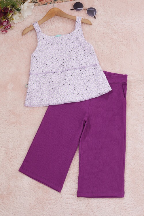 Kız Çocuk Lila Çiçekli Askılı Bluzlu Pantolonlu Takım 15150