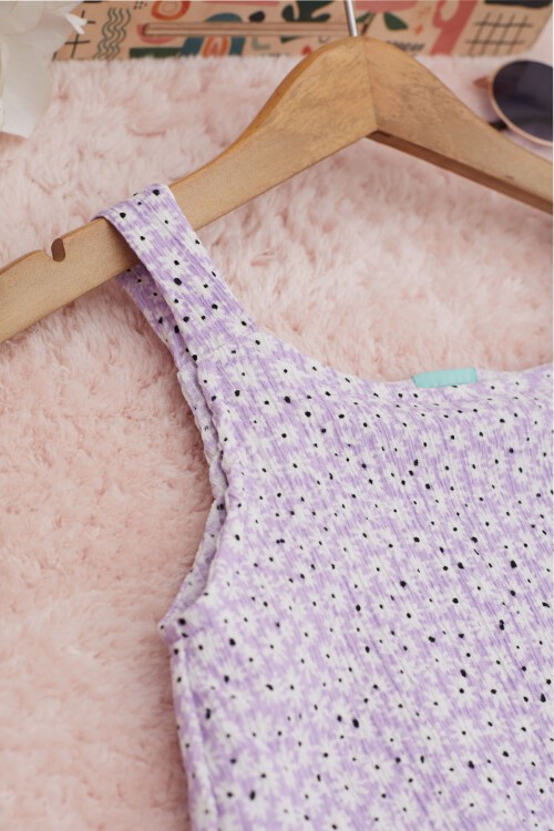 Kız Çocuk Lila Çiçekli Askılı Bluzlu Pantolonlu Takım 15150