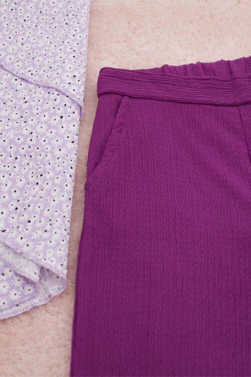 Kız Çocuk Lila Çiçekli Askılı Bluzlu Pantolonlu Takım 15150