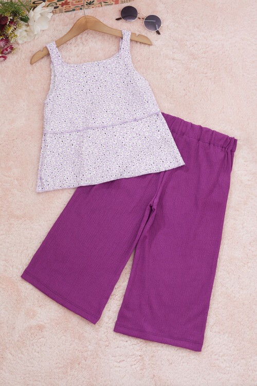Kız Çocuk Lila Çiçekli Askılı Bluzlu Pantolonlu Takım 15150