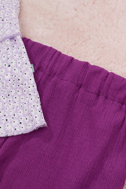 Kız Çocuk Lila Çiçekli Askılı Bluzlu Pantolonlu Takım 15150